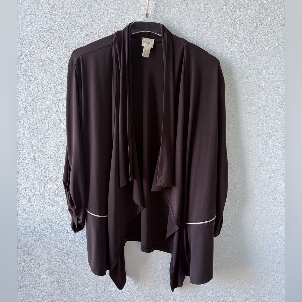 Chico Artisanal Chocolate Brown Drape Open‎ Cardigan Roll Tab Sleeves Stretch XL